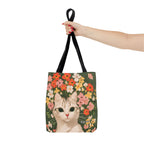 White Cat with Flowers Tote Bag with Cotton Handles For Everyday Use, 3 Sizes