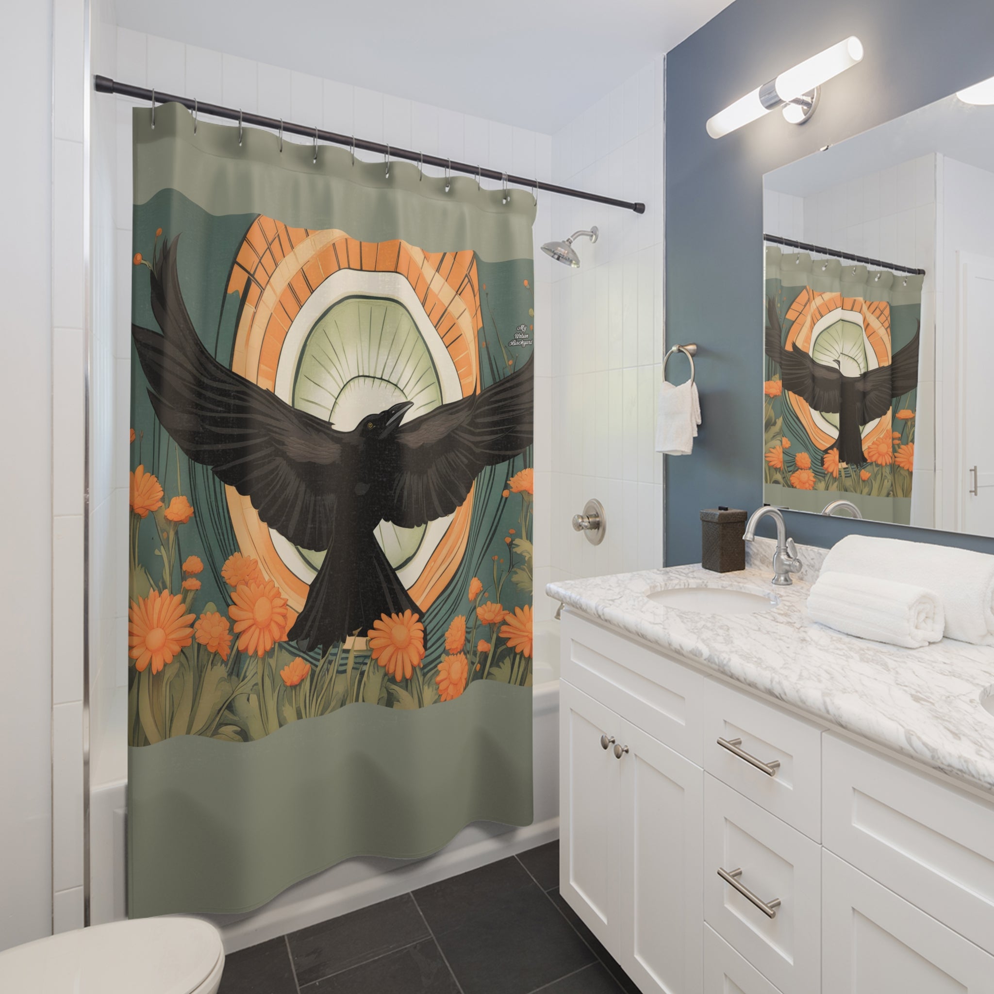 Sage Shower Curtain with Flying Crow - 71" x 74"