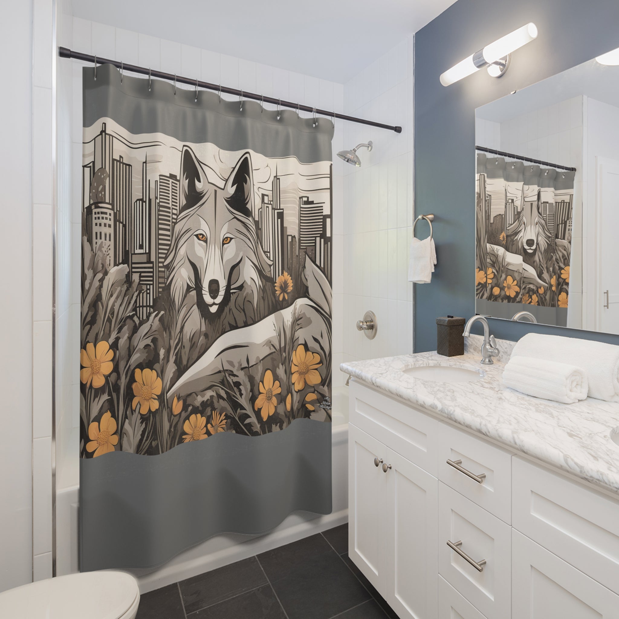 Grey Shower Curtain with Art Deco Urban Wolf - 71" x 74"