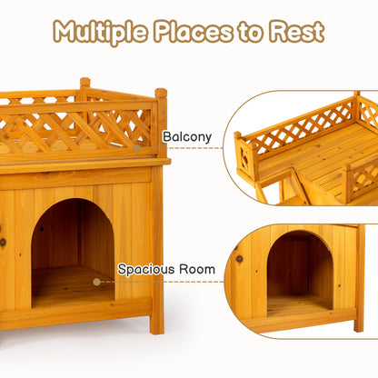 2-Story Outdoor Cat House, Wood Shelter with Fence and Staircase, Natural Color