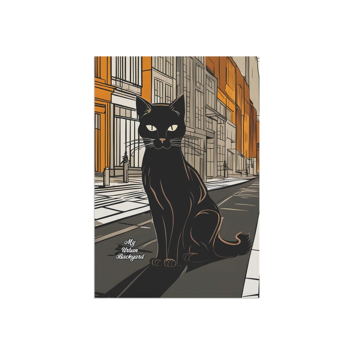 Black Cat in the City, Garden Flag for Yard, Patio, Porch, or Work, 12"x18" - Flag only