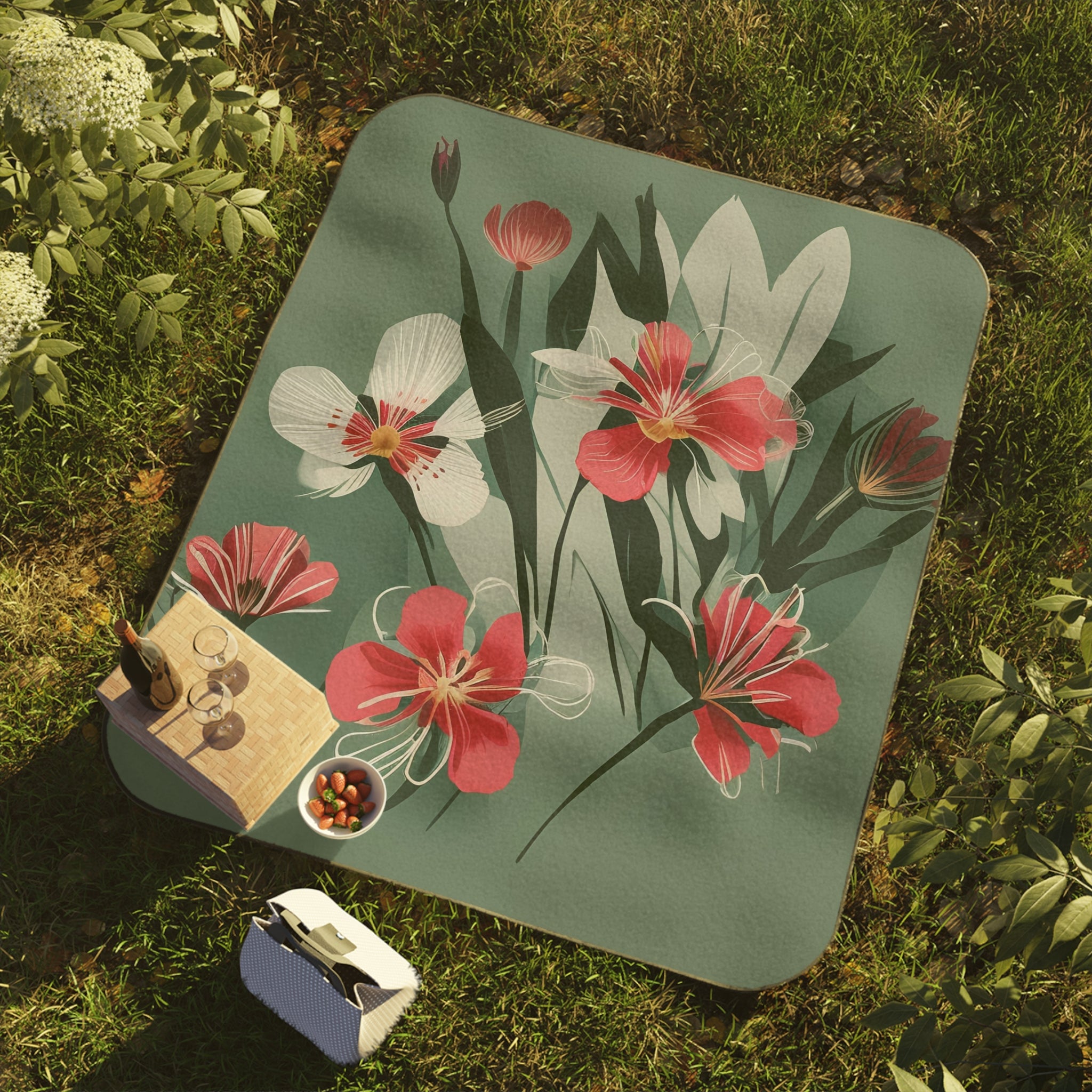 White and Red Wildflowers, Cozy Outdoor Picnic Blanket, Water-Resistant Bottom, 51" × 61"