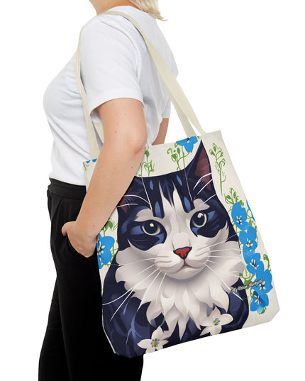 Cat and Blue Flowers Tote Bag with Cotton Handles For Everyday Use, 3 Sizes