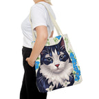 Cat and Blue Flowers Tote Bag with Cotton Handles For Everyday Use, 3 Sizes