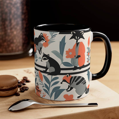 Ceramic Mug for Coffee, Tea, Hot Cocoa. Home/Office, Raccoon Mural w Pastel Flowers