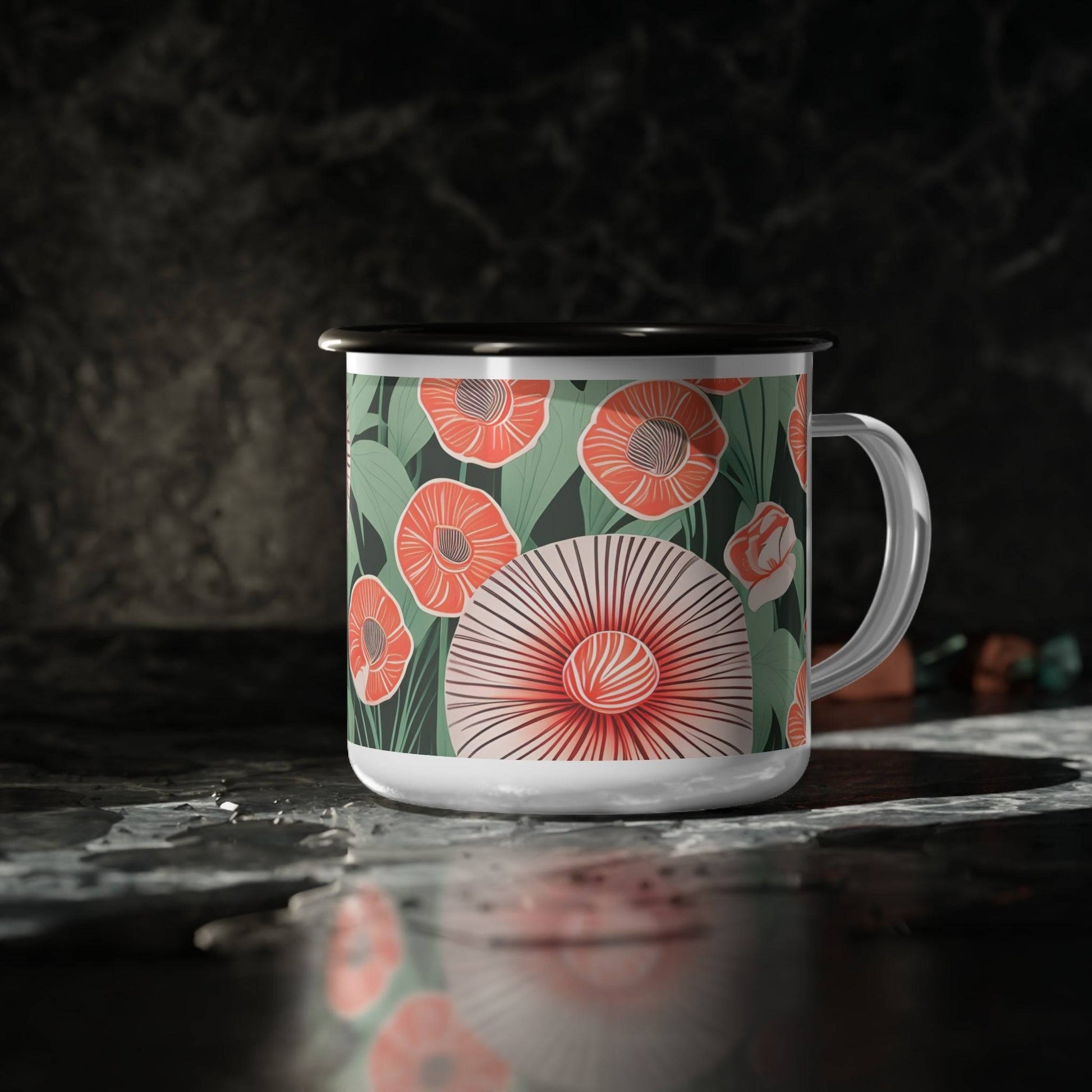 Enamel Camping Mug for Coffee, Tea, Hot Cocoa, Cereal, 12oz, Red Art Deco Flowers