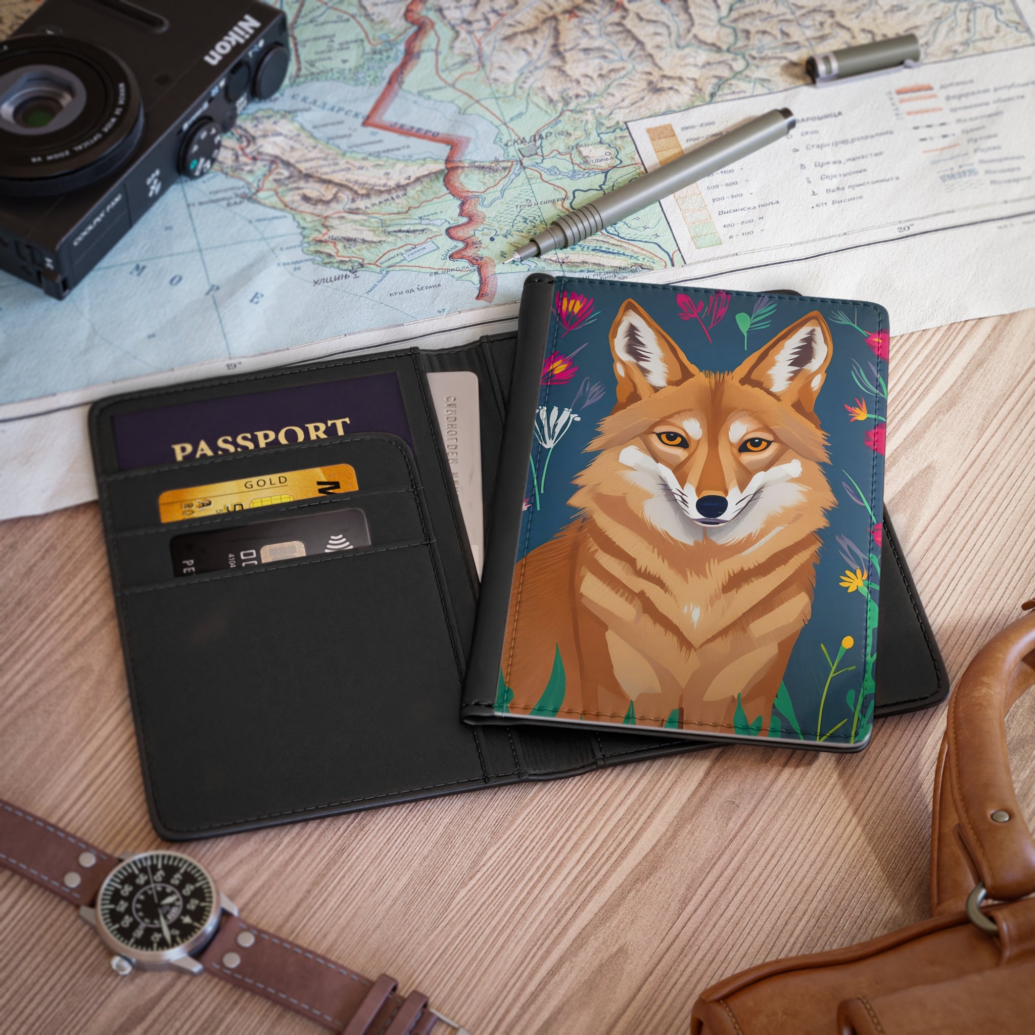 Coyote with Red Flowers Passport Cover