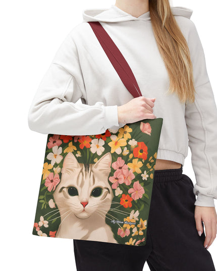 White Cat with Flowers Tote Bag with Cotton Handles For Everyday Use, 3 Sizes