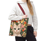 White Cat with Flowers Tote Bag with Cotton Handles For Everyday Use, 3 Sizes