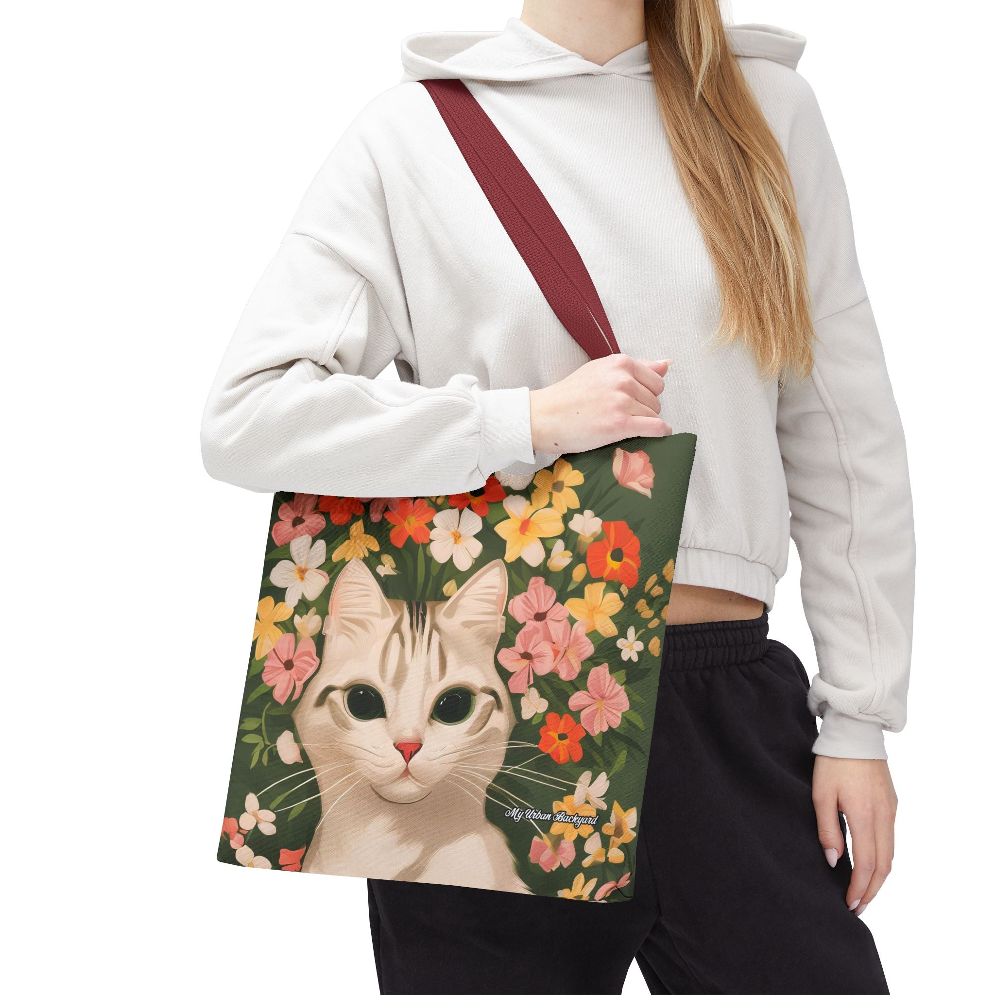 White Cat with Flowers Tote Bag with Cotton Handles For Everyday Use, 3 Sizes