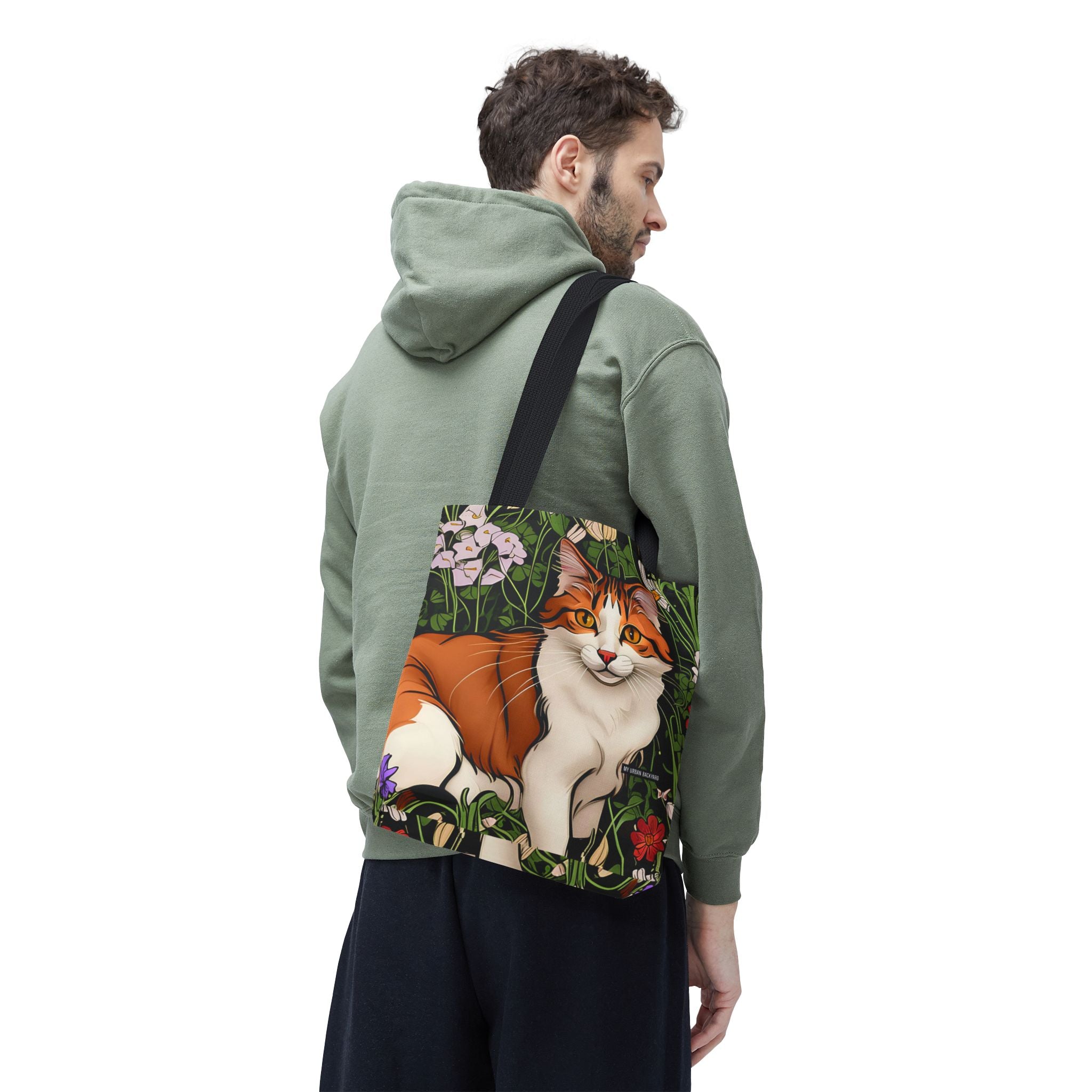 Orange Cat with Flowers, Tote Bag w Cotton Handles