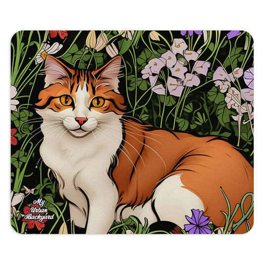 Computer Mouse Pad, Non-slip rubber bottom, Orange and White Cat w Flowers
