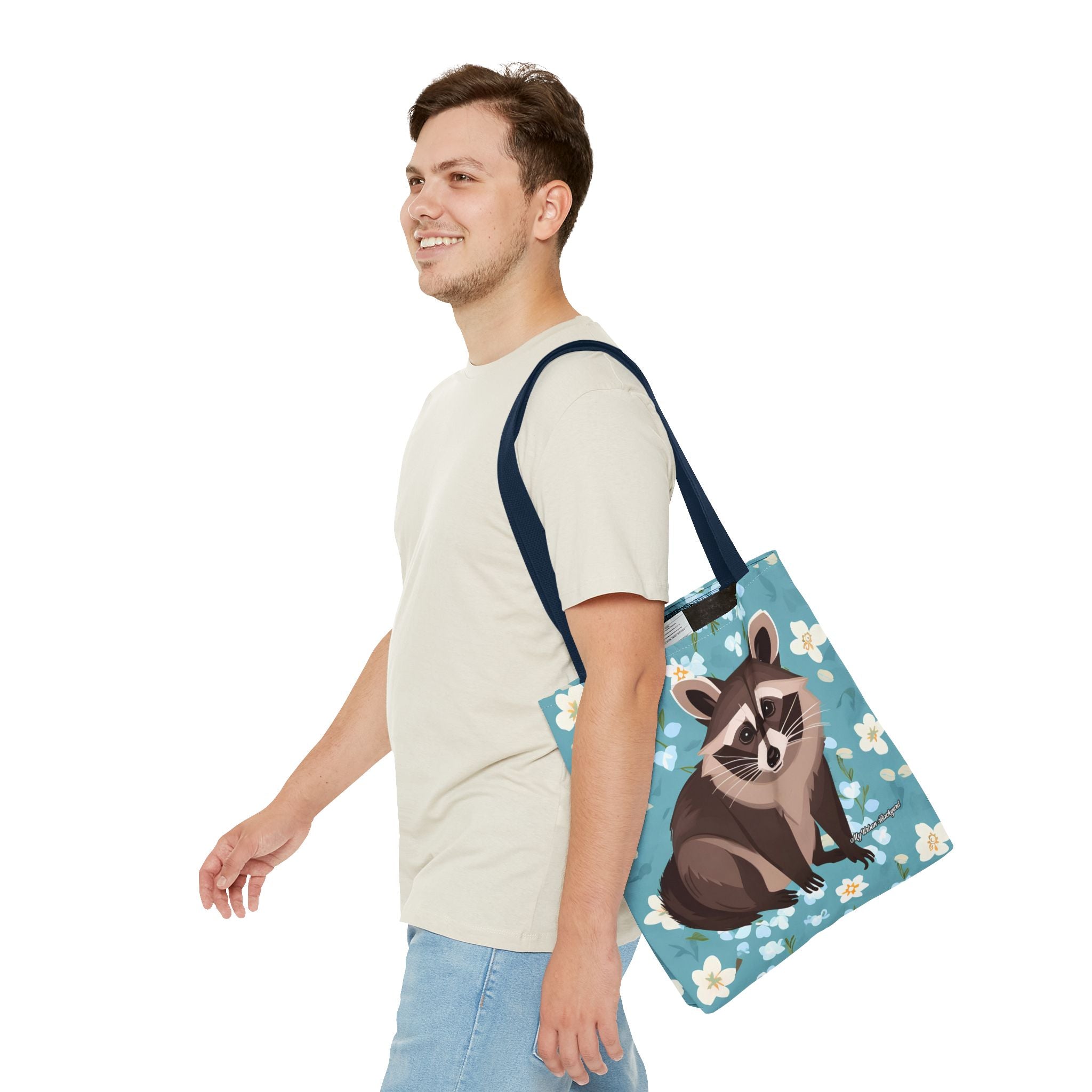 Young Raccoon w Flowers Tote Bag with Cotton Handles For Everyday Use, 3 Sizes