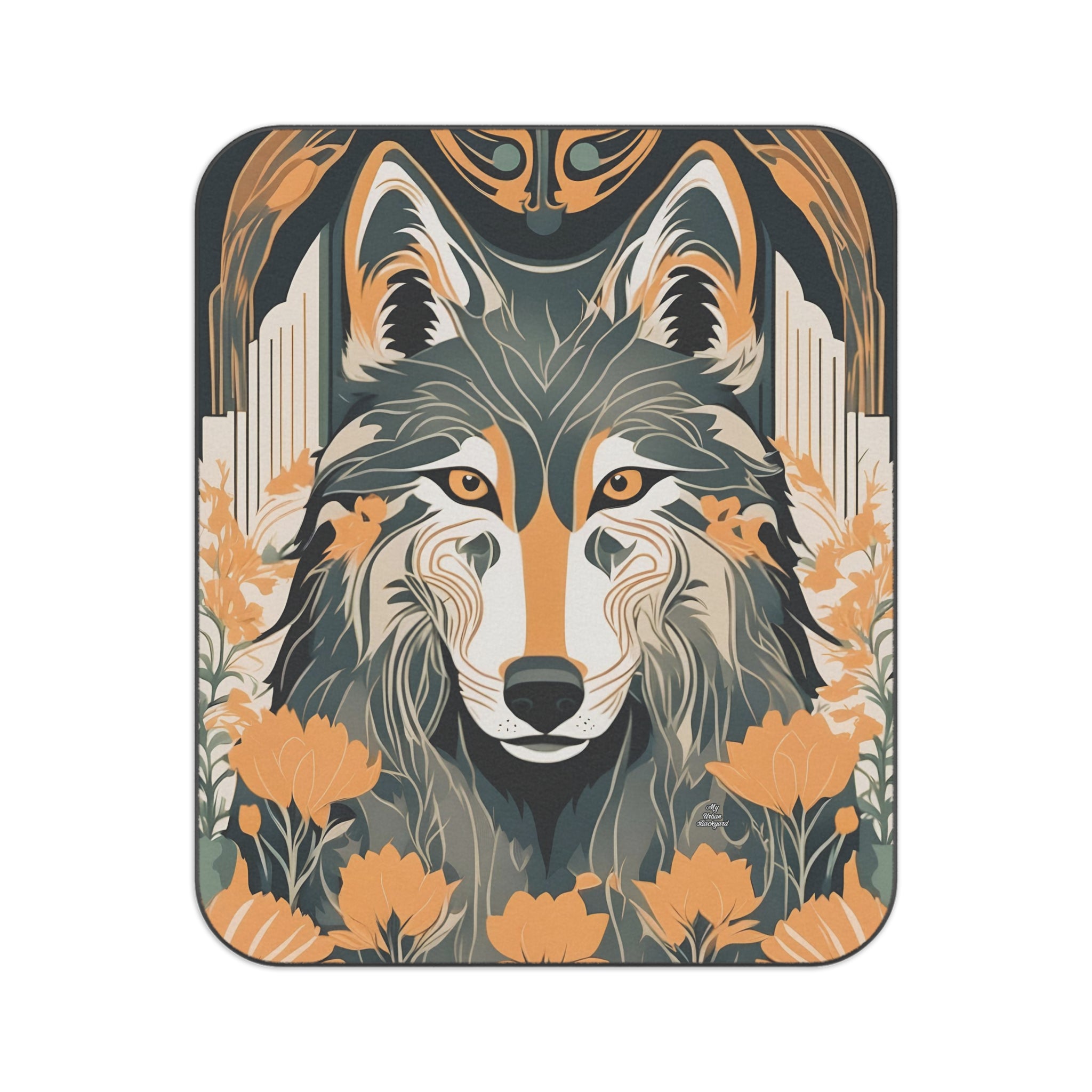 Art Deco Wolf, Cozy Outdoor Picnic Blanket, Water-Resistant Bottom, 51" × 61"