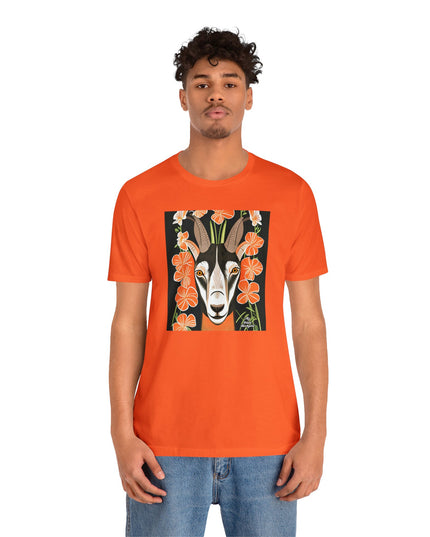 Goat with Orange Flowers, Soft 100% Jersey Cotton T-Shirt, Unisex, Short Sleeve, Retail Fit
