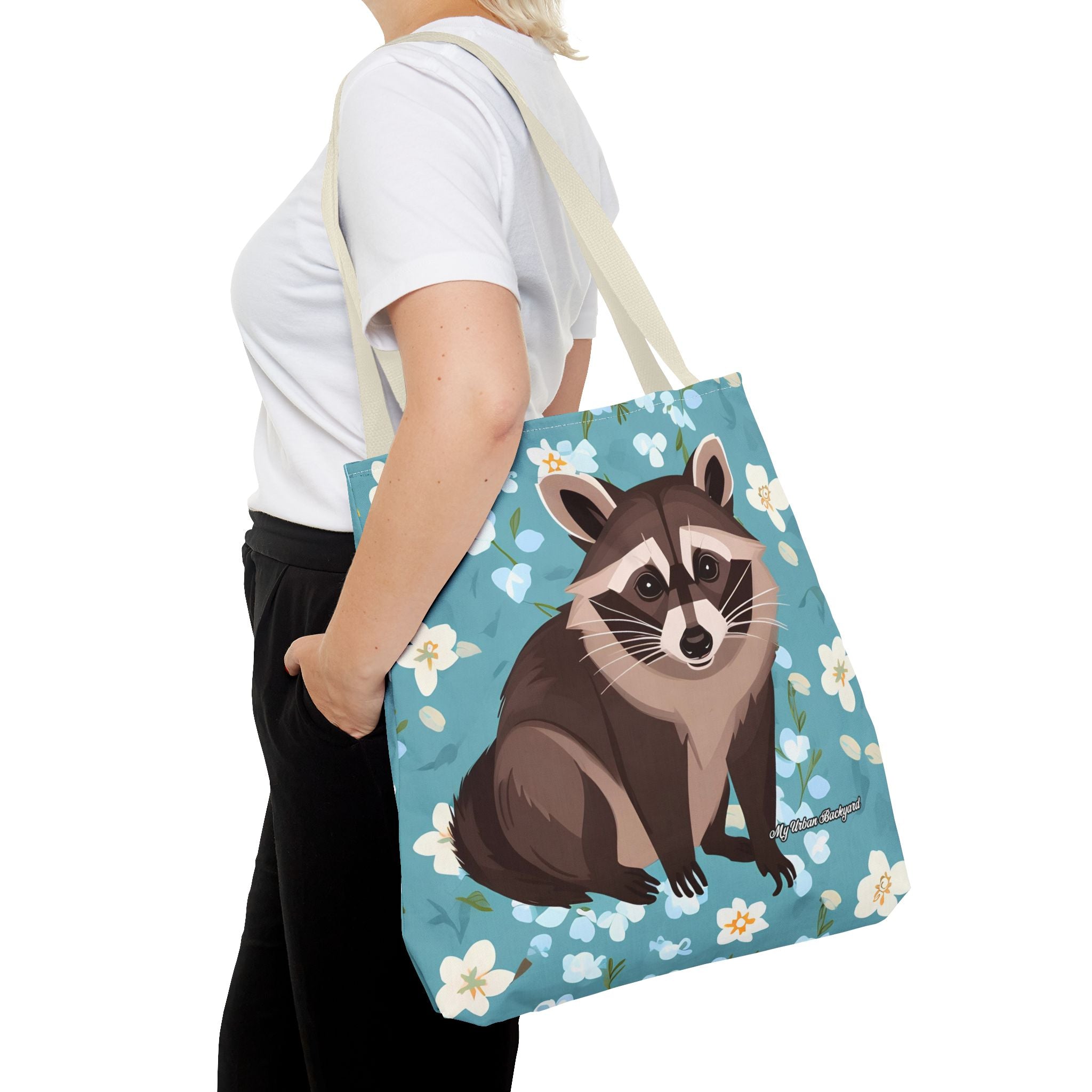 Young Raccoon w Flowers Tote Bag with Cotton Handles For Everyday Use, 3 Sizes