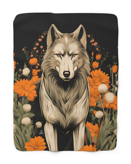 Wolf with Flowers, Sherpa Fleece Blanket for Cozy Warmth, 50"x60"