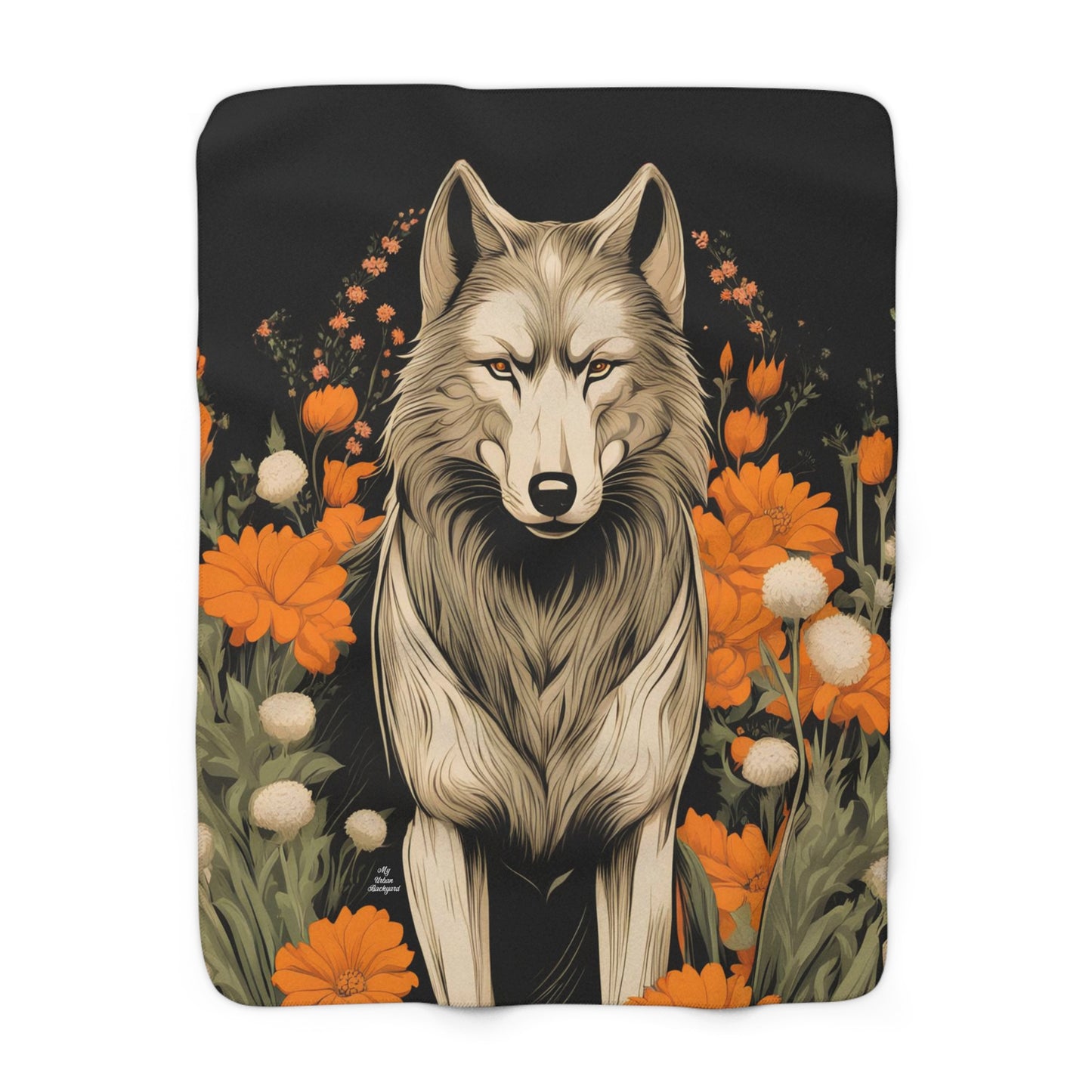 Wolf with Flowers, Sherpa Fleece Blanket for Cozy Warmth, 50"x60"