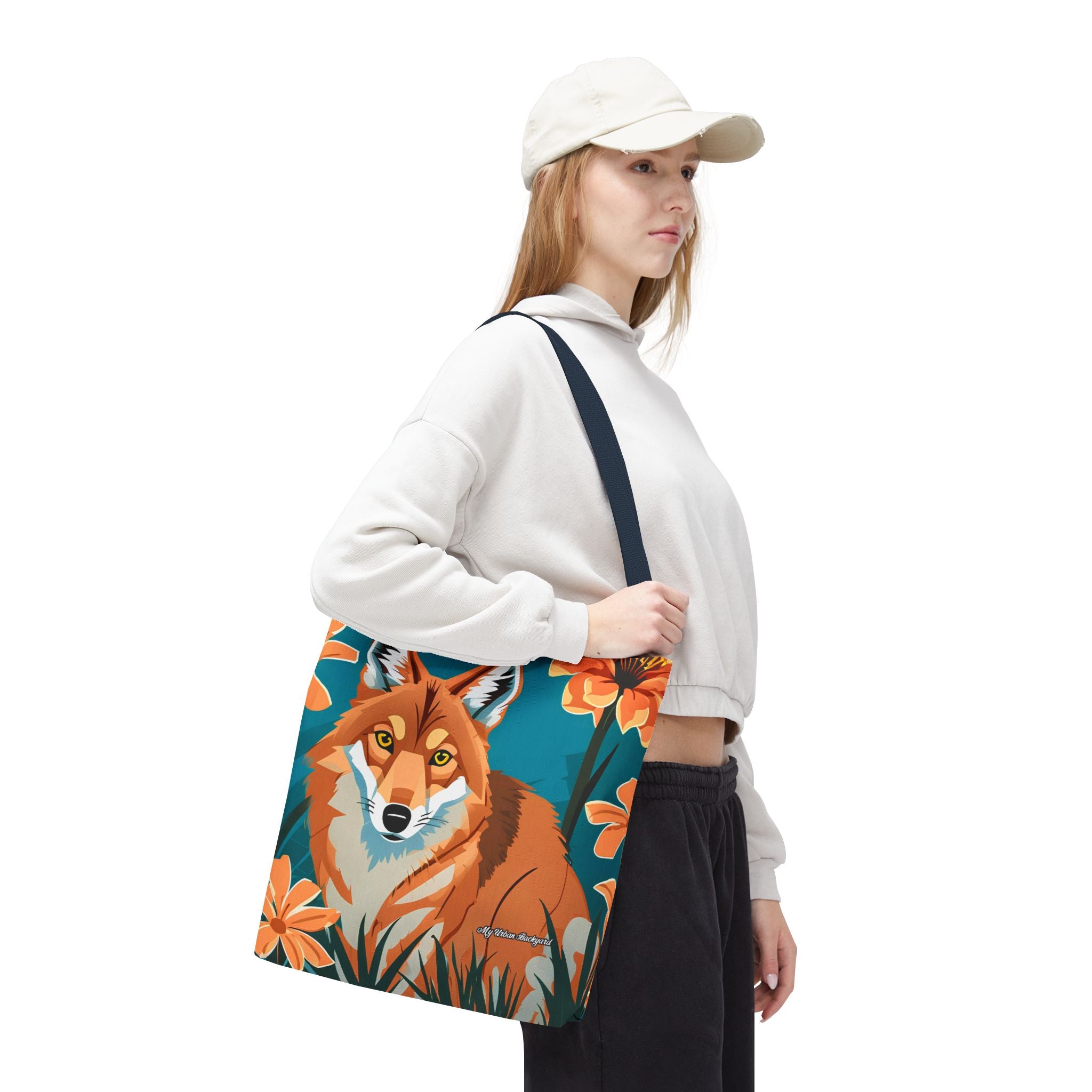Coyote with Flowers Tote Bag with Cotton Handles For Everyday Use, 3 Sizes