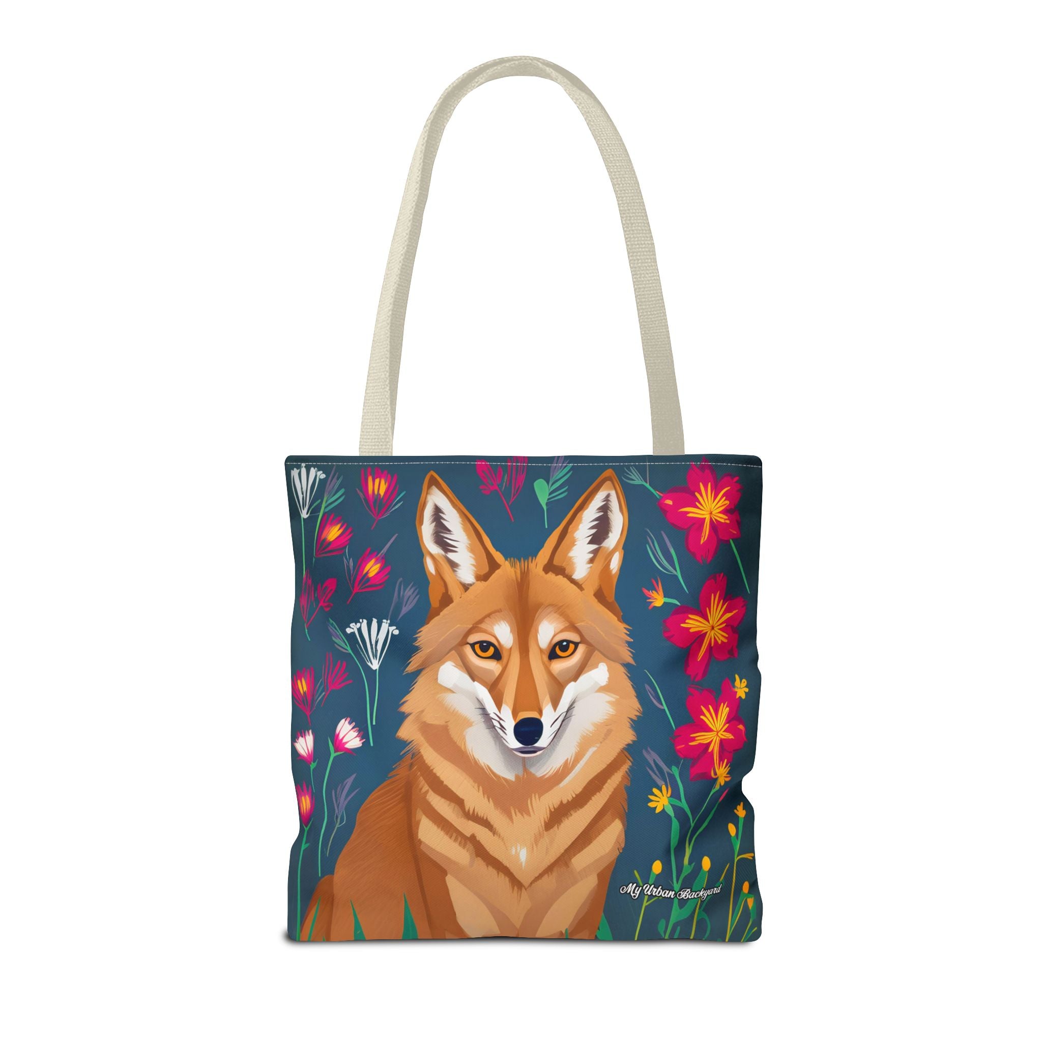 Coyote w Red Flowers Tote Bag with Cotton Handles For Everyday Use, 3 Sizes