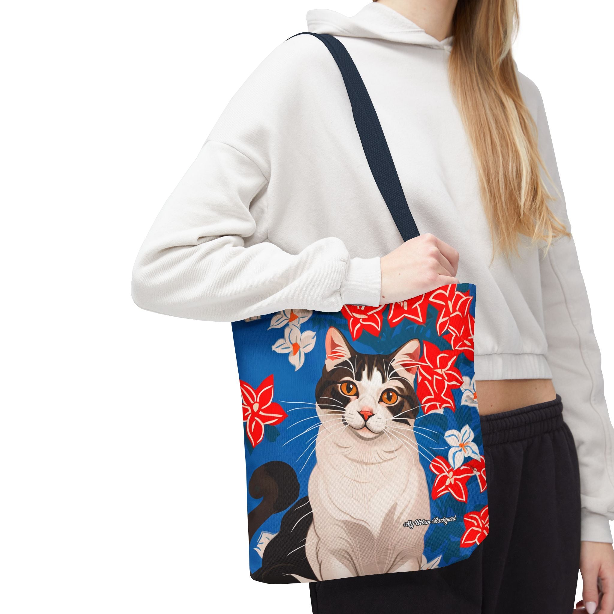 Cat with Red and White Flowers, Tote Bag with Cotton Handles For Everyday Use, 3 Sizes
