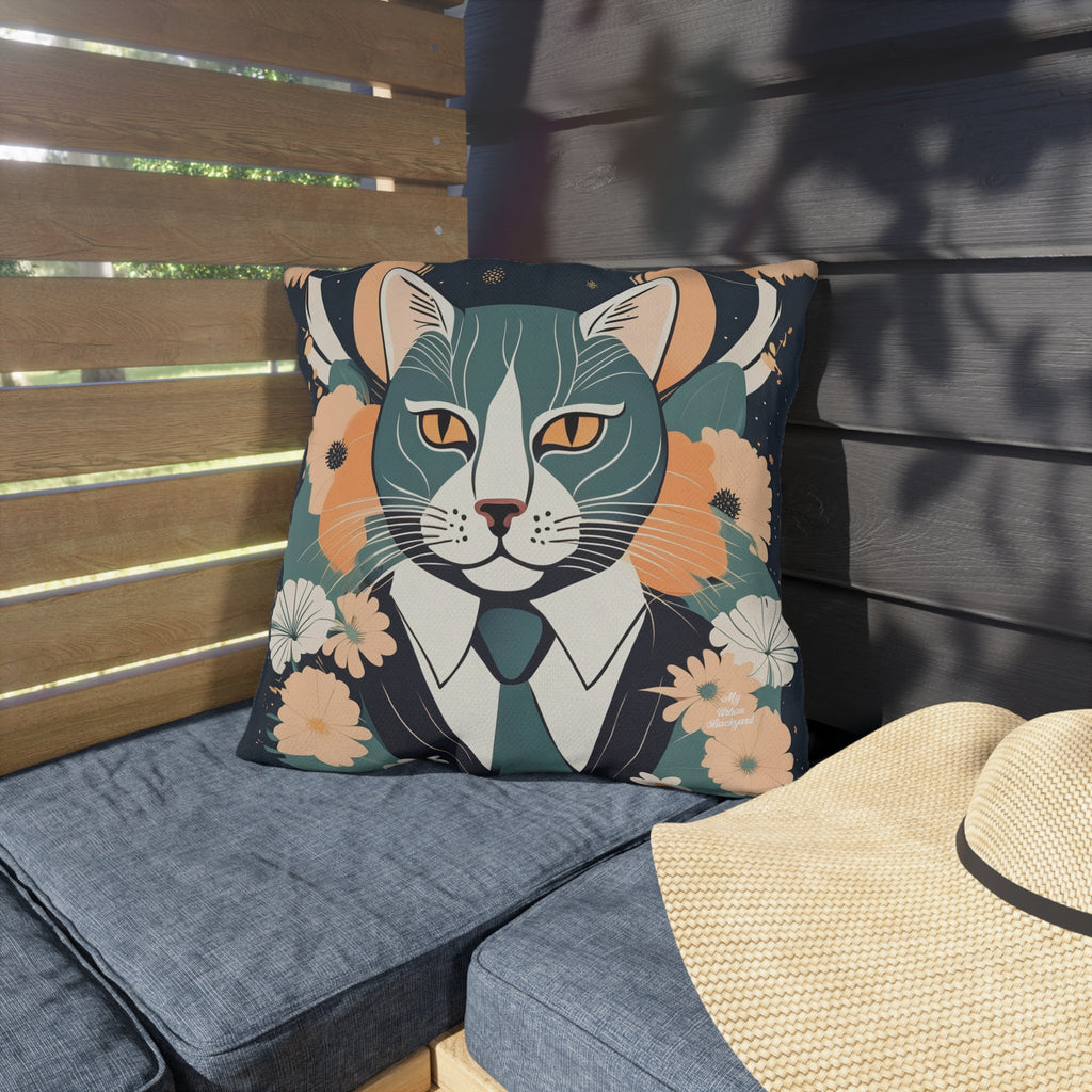 Simon Whiskerford, Faded Jade accent color, Cat Throw Pillow, Indoor/Outdoor Decor for Home or Office