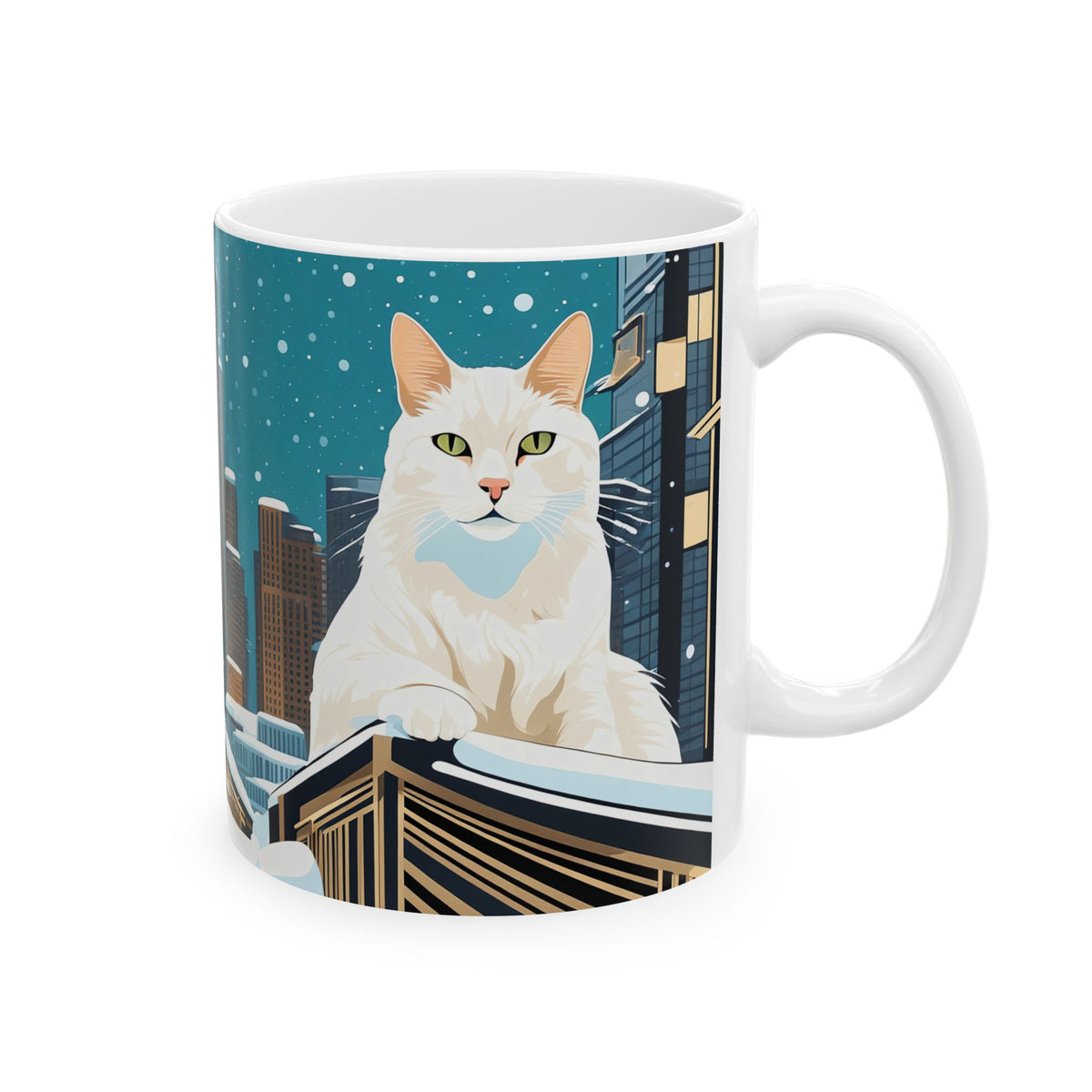 Snowy City Cat Ceramic Mug - 11 oz