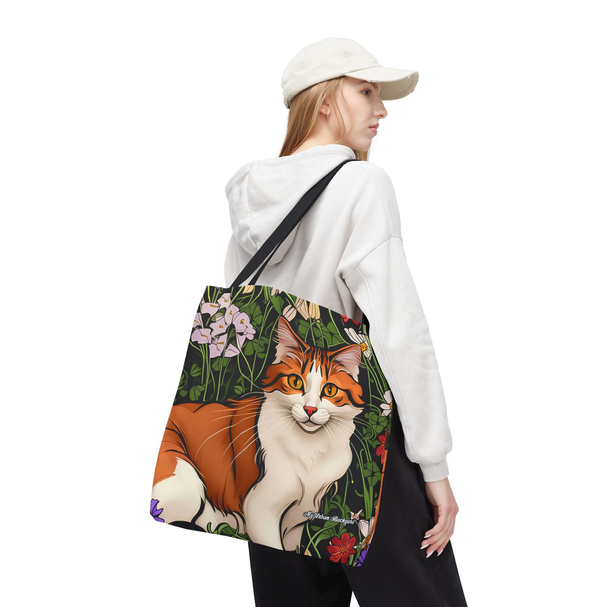 Orange Cat with Flowers Tote Bag with Cotton Handles For Everyday Use, 3 Sizes