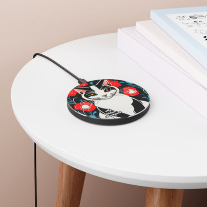 Cat with Red Flowers, 10W Wireless Charger for iPhone, Android, Earbuds