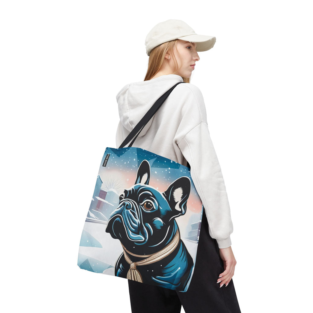French Bulldog Winter Tote Bag — Snowy Pup All-Over Print Tote