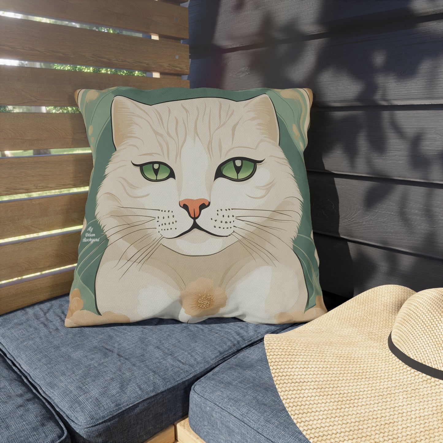 Green-Eyed Cat, Slate Green accent color, Throw Pillow, Indoor/Outdoor Decor for Home or Office