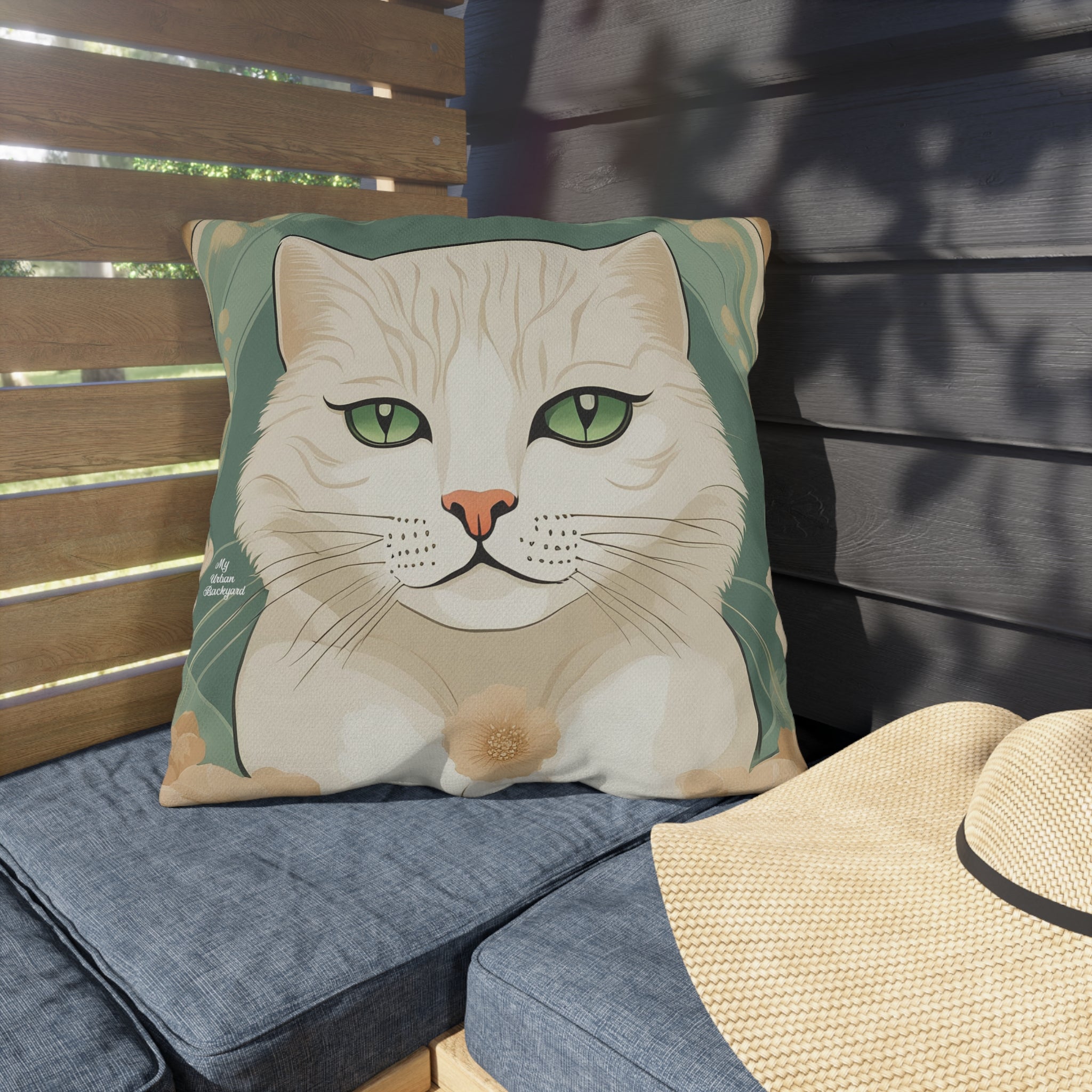 Blanca Purrington, Slate Green accent color, Cat Throw Pillow