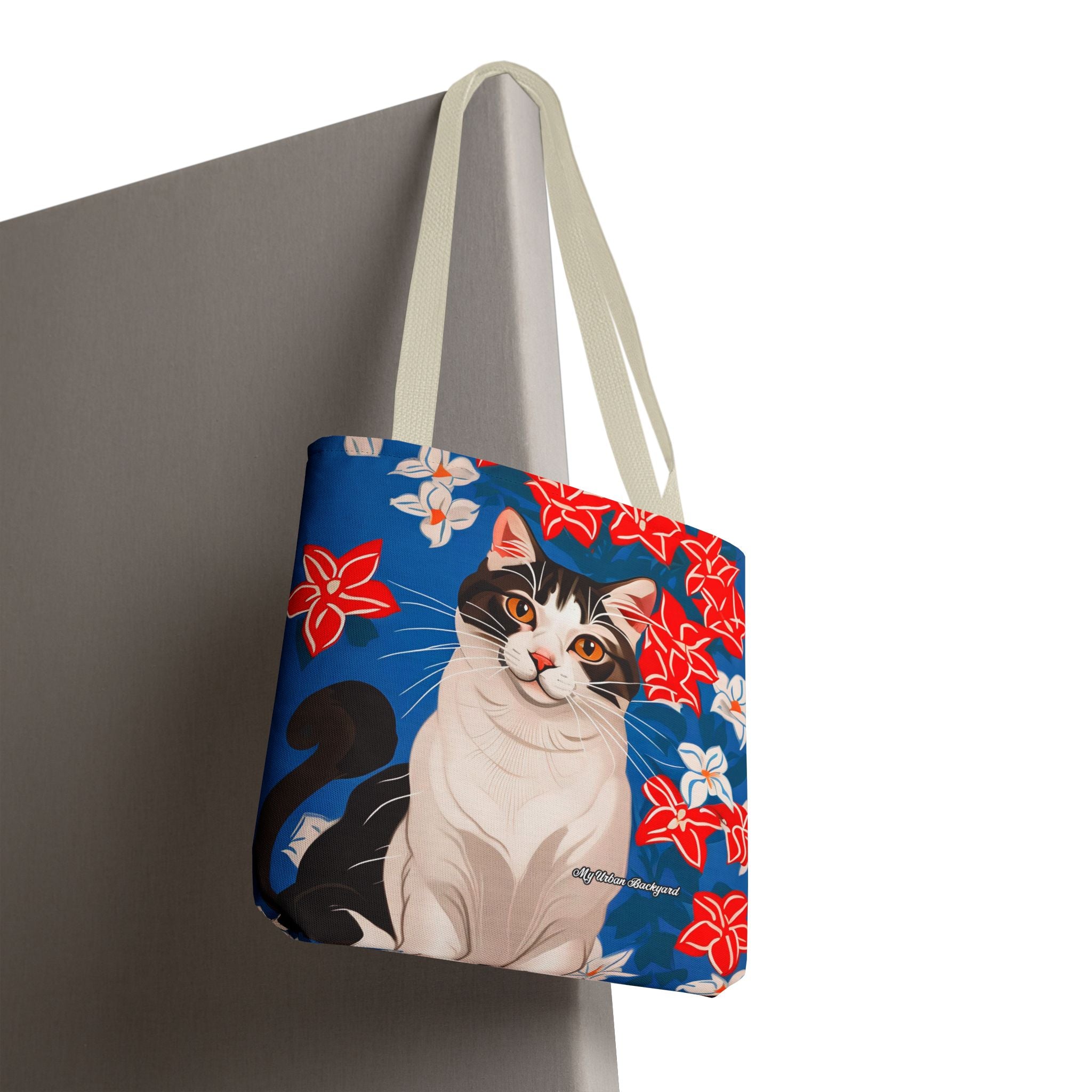 Cat with Red and White Flowers, Tote Bag with Cotton Handles For Everyday Use, 3 Sizes