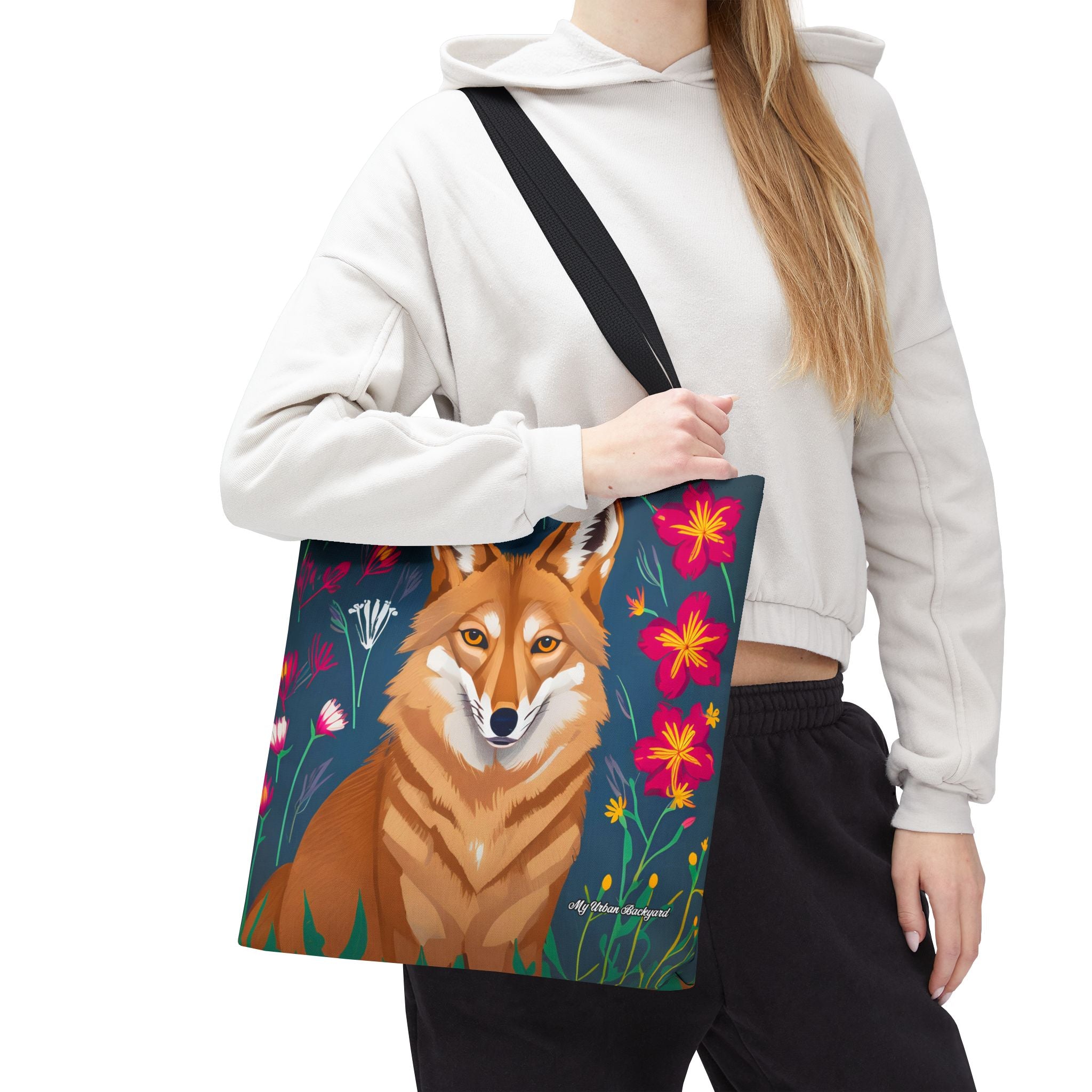 Coyote w Red Flowers Tote Bag with Cotton Handles For Everyday Use, 3 Sizes