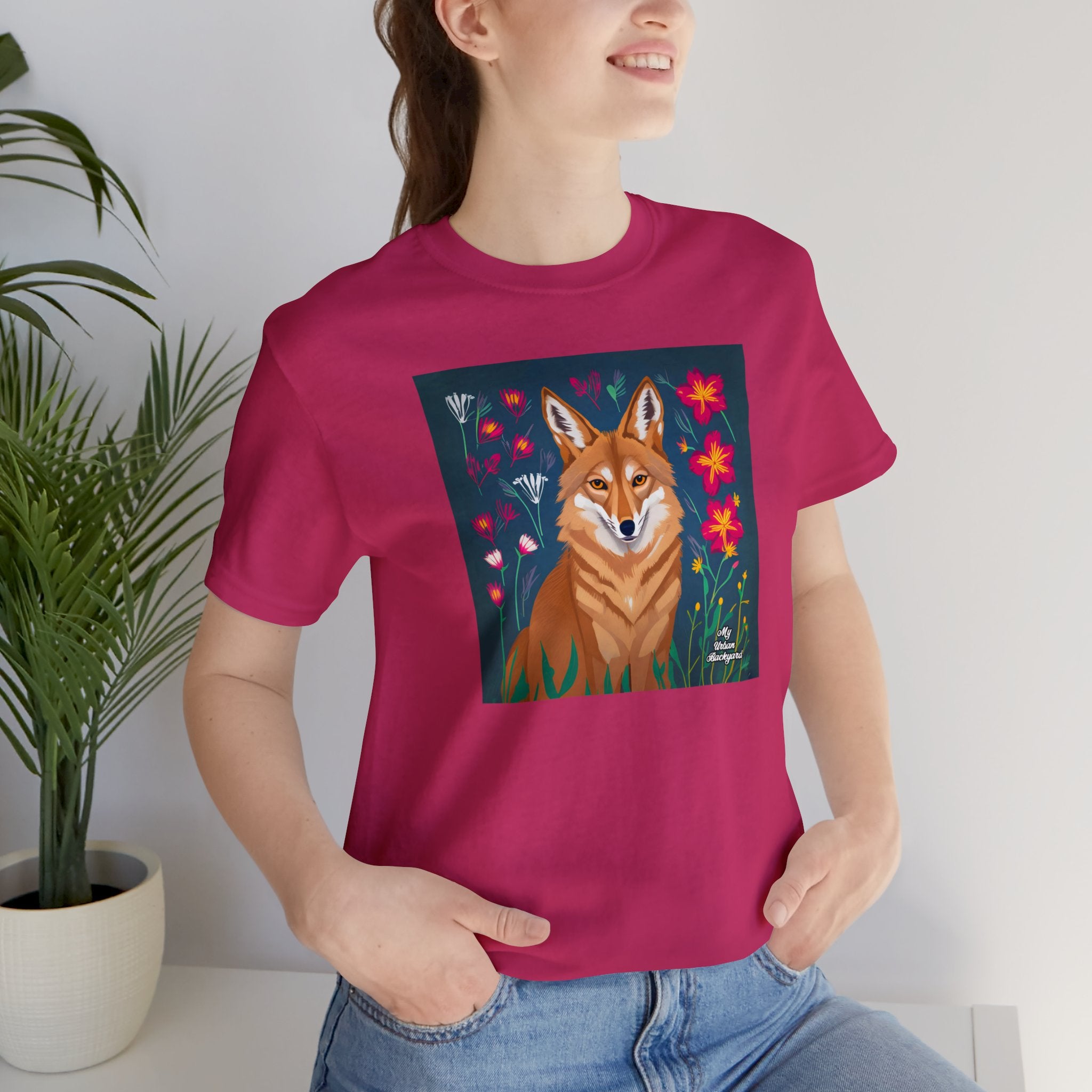 Coyote w Red Flowers, Soft 100% Jersey Cotton T-Shirt, Unisex, Short Sleeve, Retail Fit
