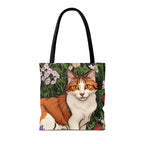 Orange Cat with Flowers, Tote Bag w Cotton Handles