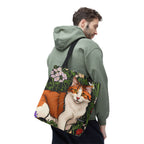 Orange Cat with Flowers, Tote Bag w Cotton Handles