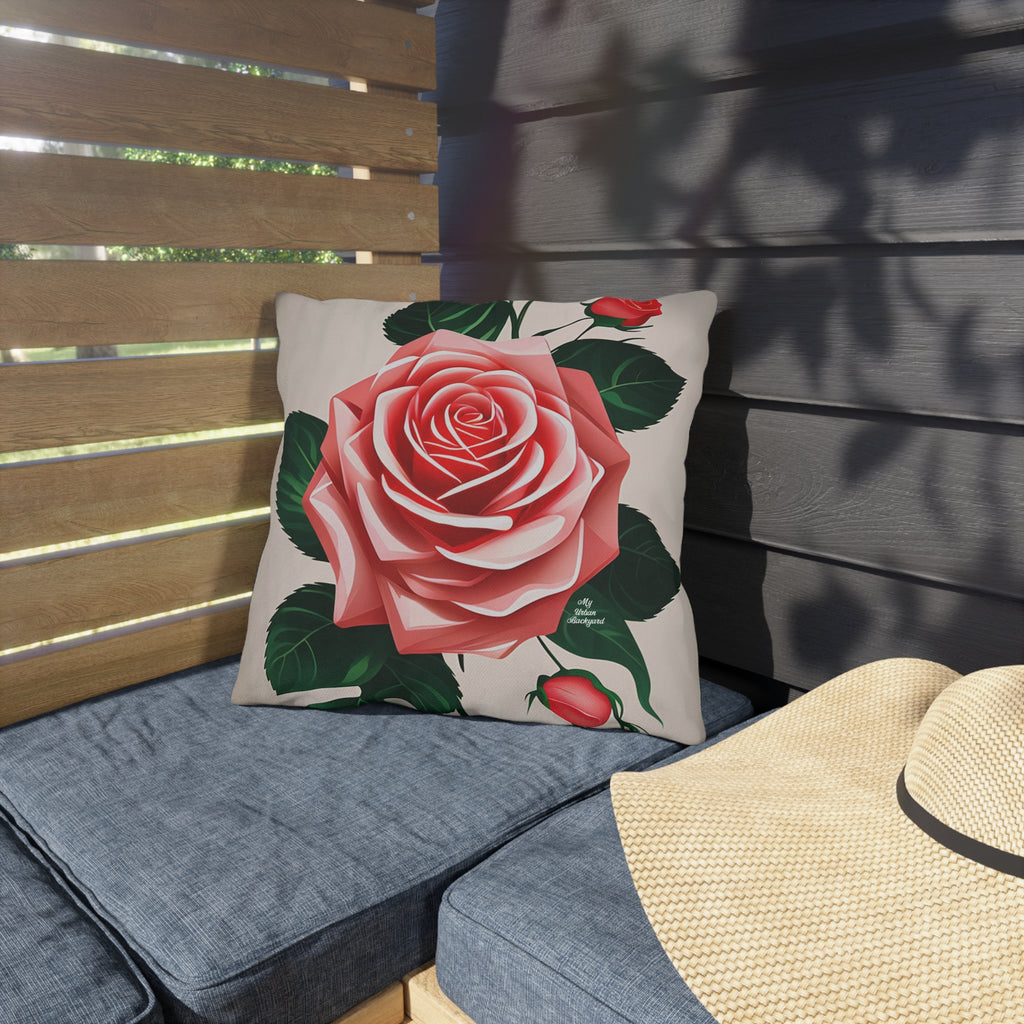 Pink Rose Flowers, Taupe accent color, Throw Pillow, Indoor/Outdoor Decor for Home or Office