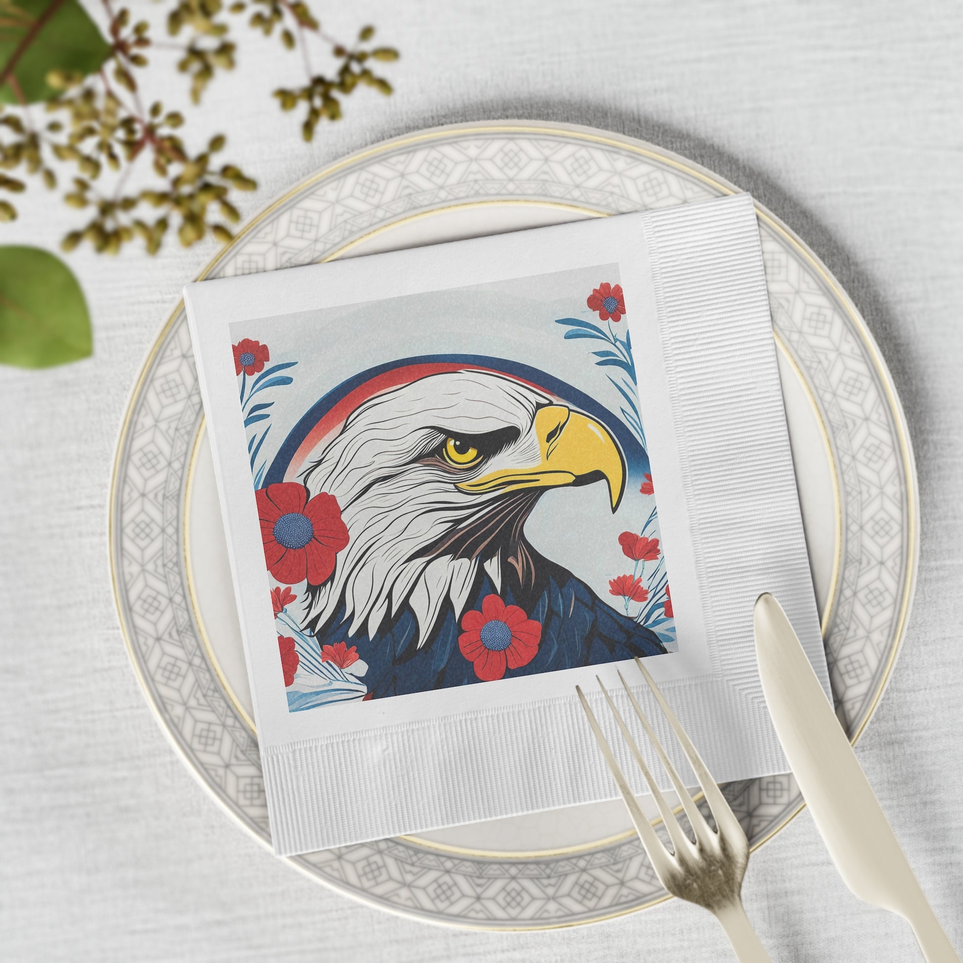 Bald Eagle Floral Cocktail Napkins — Patriotic Bald Eagle Design, 2 sizes, Pack of 50 or 100