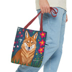 Coyote w Red Flowers Tote Bag with Cotton Handles For Everyday Use, 3 Sizes
