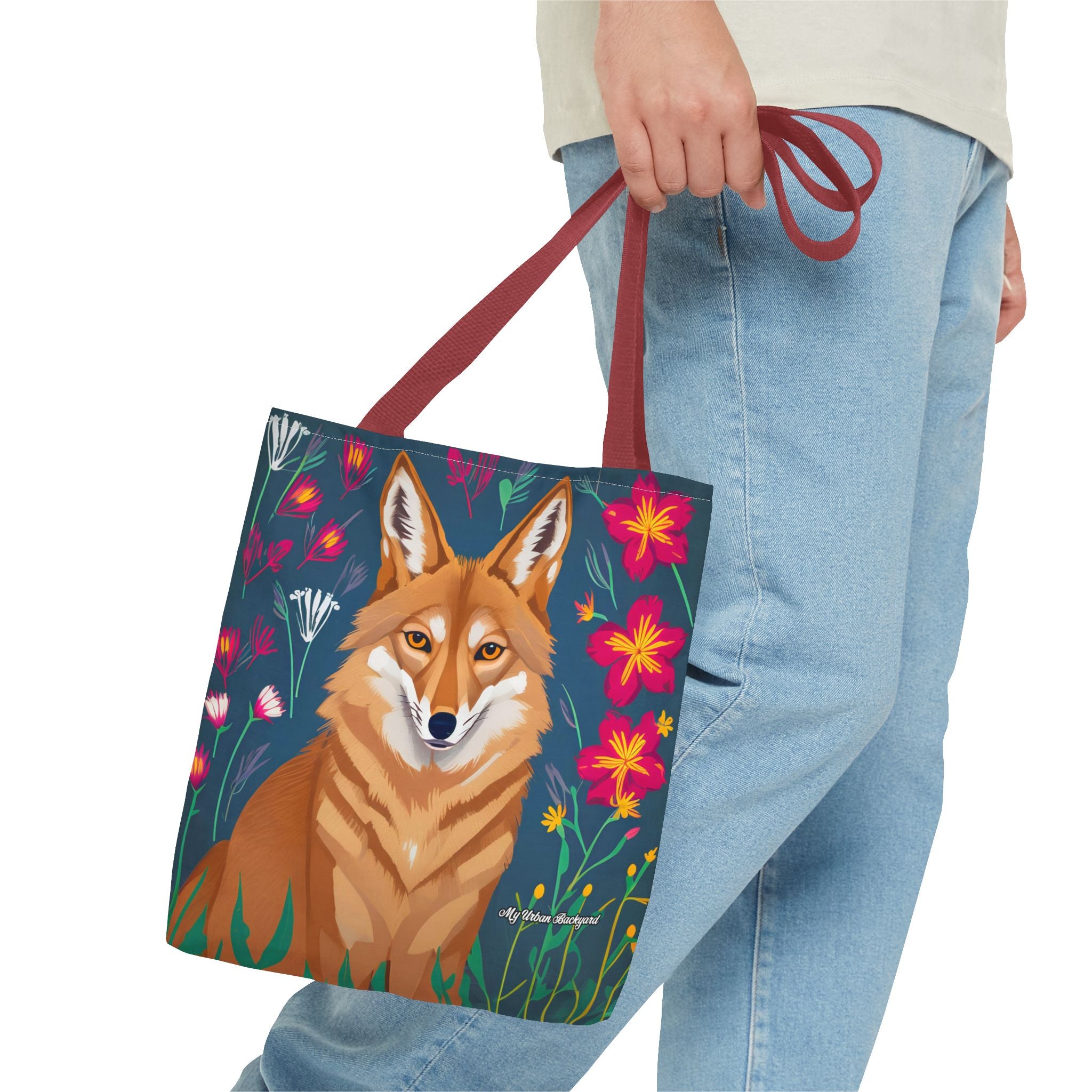 Coyote w Red Flowers Tote Bag with Cotton Handles For Everyday Use, 3 Sizes