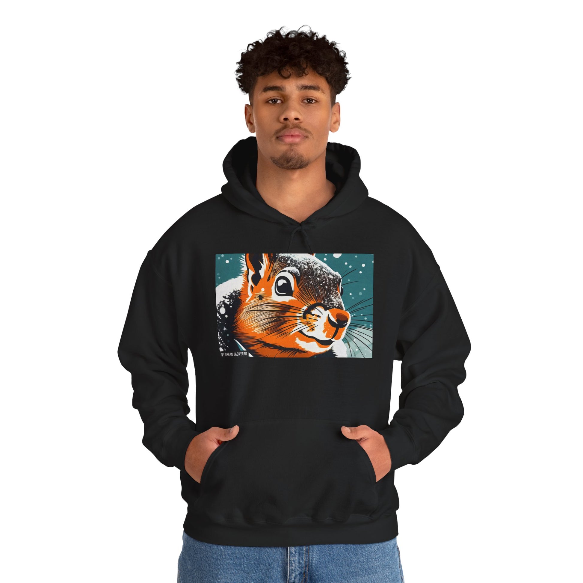 Winter Squirrel Sweatshirt - Unisex Heavy Blend Hooded, Cute Animal Apparel, Winter Fashion, Gift for Nature Lovers, Snowy Days, Cozy Wear