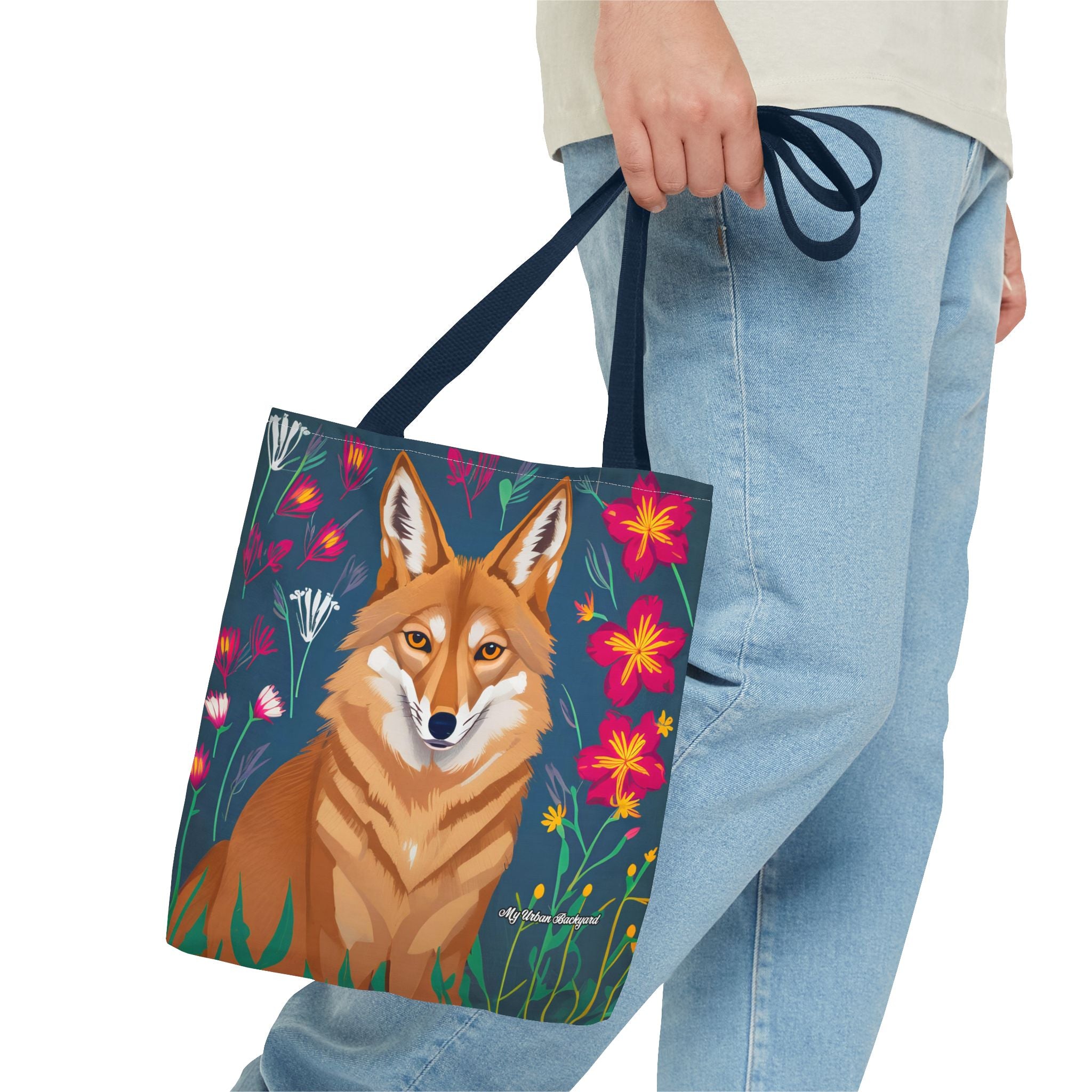 Coyote w Red Flowers Tote Bag with Cotton Handles For Everyday Use, 3 Sizes