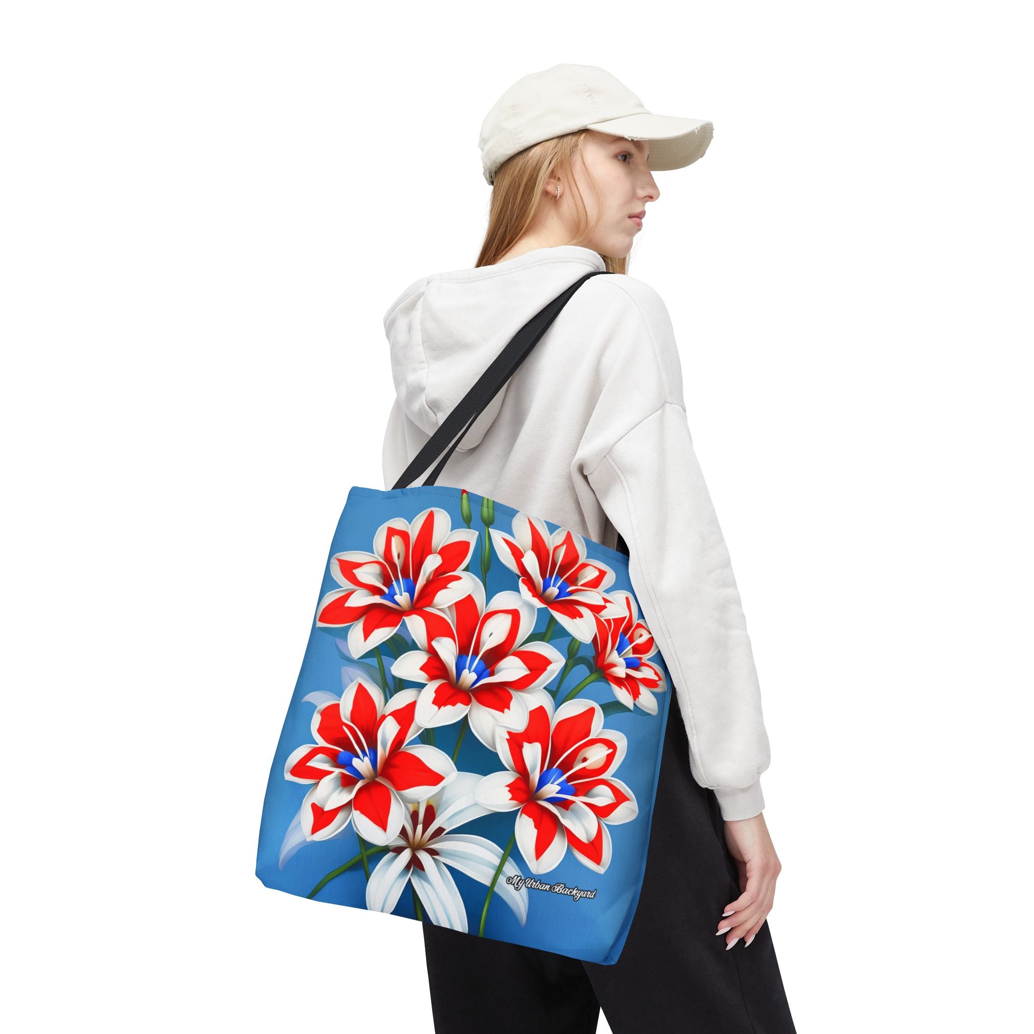 Bouquet of Red White and Blue Flowers Tote Bag with Cotton Handles For Everyday Use, 3 Sizes