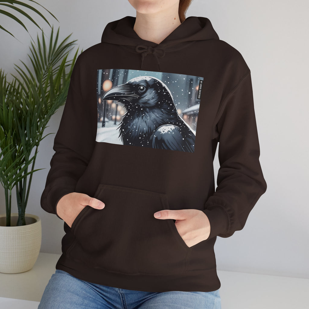 Urban Crow In Falling Snow Hoodie — Comfy Winter Graphic Hoodie