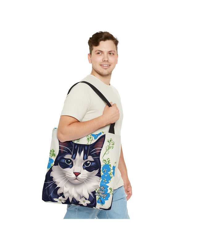 Cat and Blue Flowers, Tote Bag for Everyday Use - Durable and Functional