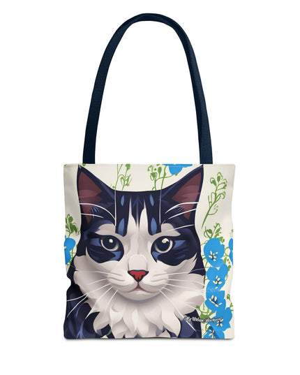 Cat and Blue Flowers Tote Bag with Cotton Handles For Everyday Use, 3 Sizes