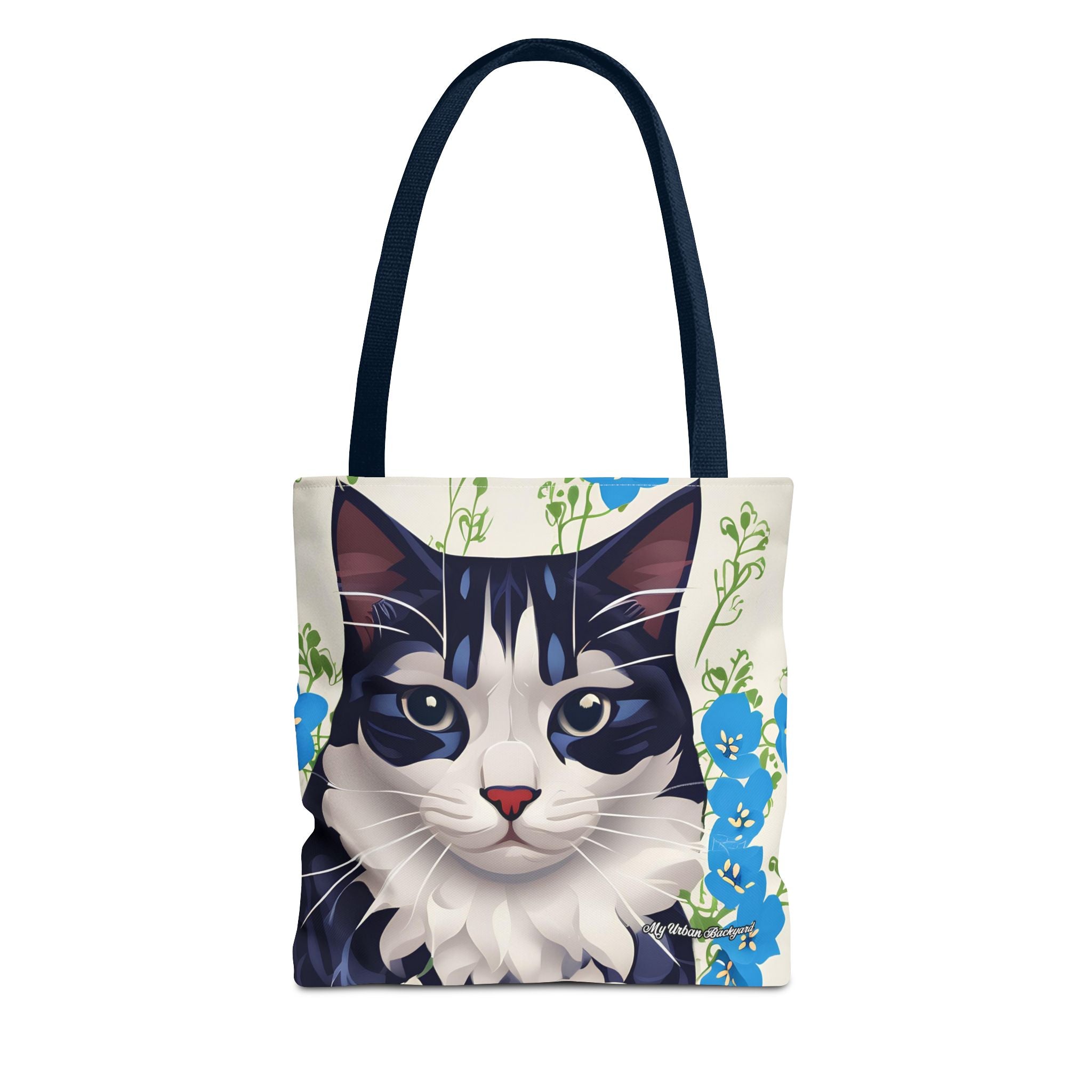 Cat and Blue Flowers Tote Bag with Cotton Handles For Everyday Use, 3 Sizes