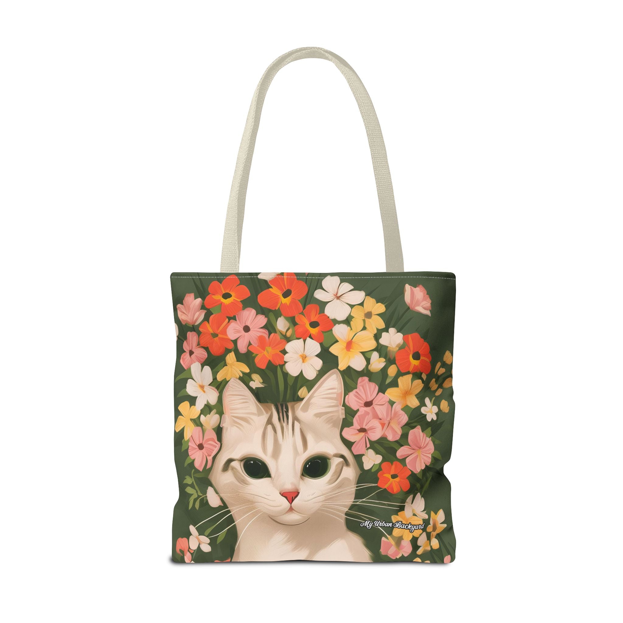 White Cat with Flowers Tote Bag with Cotton Handles For Everyday Use, 3 Sizes