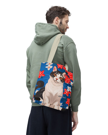 Cat and Red White & Blue Flowers Tote Bag with Cotton Handles For Everyday Use, 3 Sizes